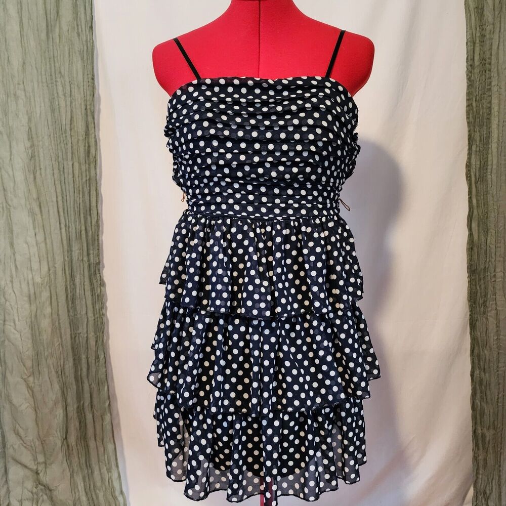 JODI KRISTOPHER Blue, White Dots Ruffle Spaghetti Strap-Strapless Dress Size 3
